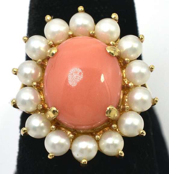 Charming Pearl & Coral Ring in 14KT Yellow Gold