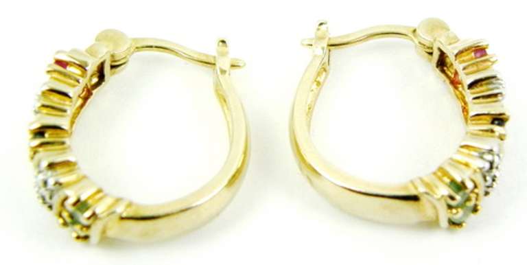 Sterling Vermeil Ruby, Sapphire, Emerald Huggie Hoop Earrings