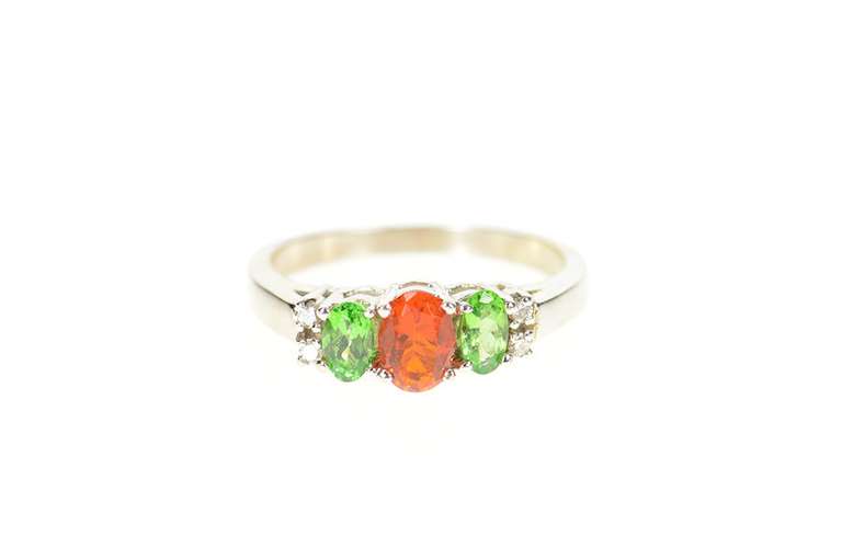 14K White Gold Syn. Mexican Fire Opal Peridot Diamond Accent Ring