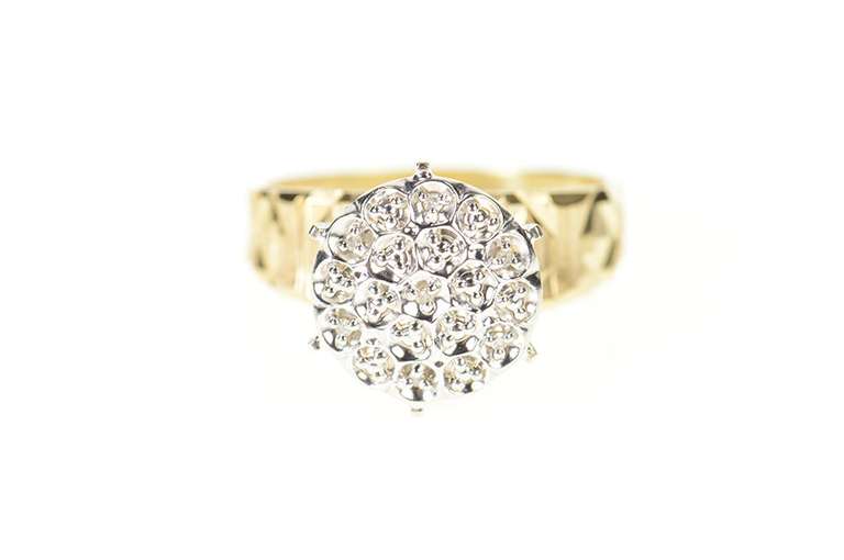 10K Yellow Gold Retro Round Diamond Accent Textured Cluster Ring