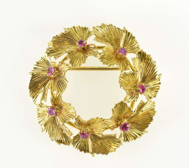 10K Yellow Gold Retro Syn. Ruby Leaf Wreath Statement Pin/Brooch