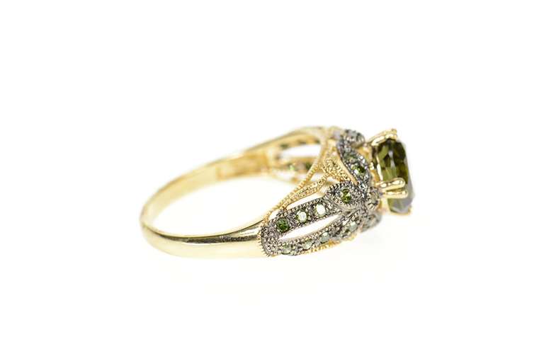 10K Yellow Gold Green Tourmaline Pave Green Diamond Ornate Ring