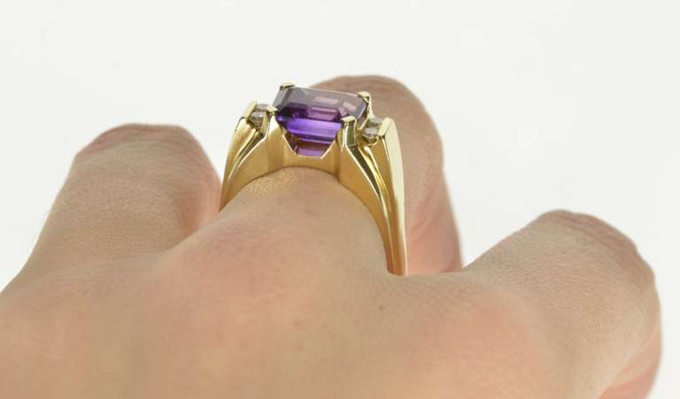 14K Yellow Gold Emerald Cut Amethyst Diamond Accent Fashion Ring