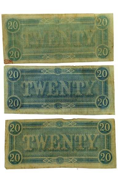 3 $20 Confederate Notes Feb 17 1864