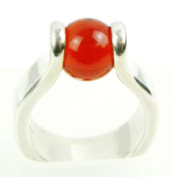Solid Sterling Ring with Red Glass Orb, Size 8.5