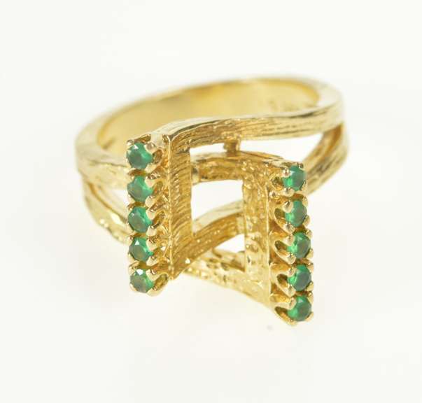14K Yellow Gold Retro Emerald Criss Cross Geometric Statement Ring