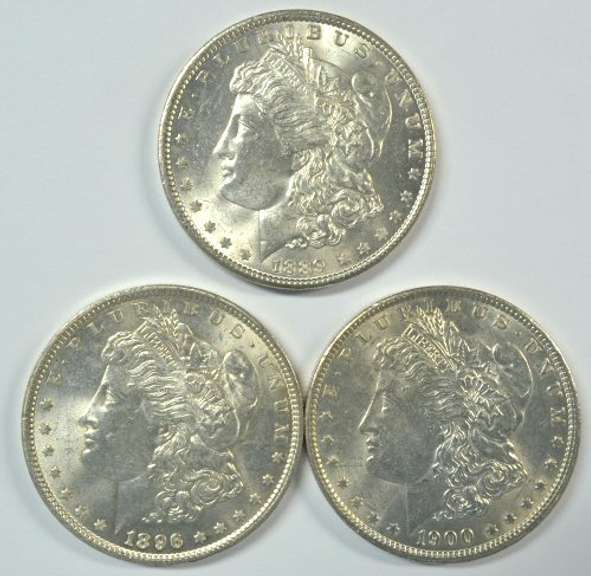 3 Diff. nice BU Morgan Silver Dollars 1889 to 1900.