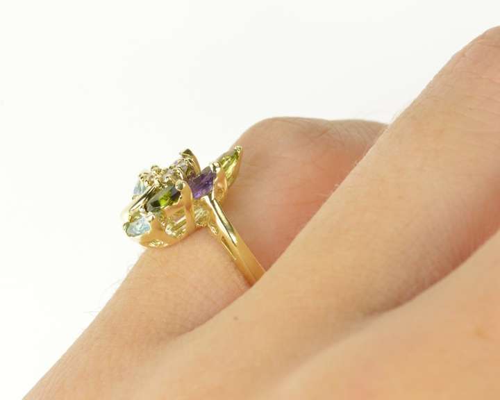 14K Yellow Gold Blue Topaz Amethyst Diamond Leaf Cluster Ring