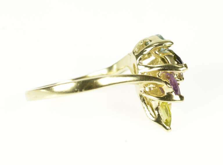 14K Yellow Gold Blue Topaz Amethyst Diamond Leaf Cluster Ring