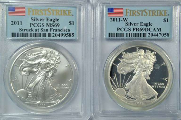 2 Special 2011 $1 Silver Eagles PCGS MS69 & PR69DCAM
