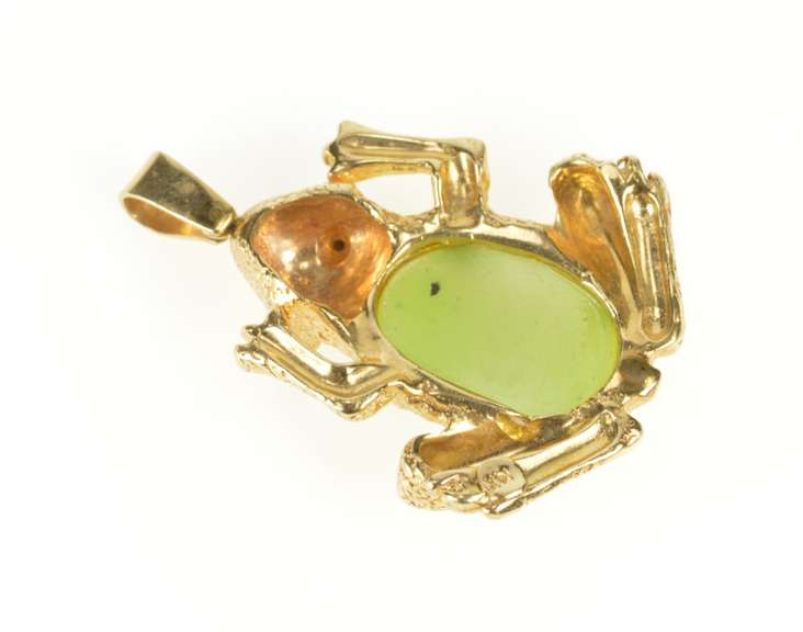 14K Yellow Gold Oval Jade Cabochon Frog Ruby Eye Accent Pendant