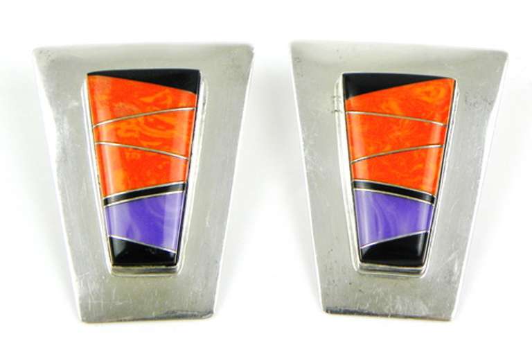 Signed Large Zuni Sterling Gemstone Earrings