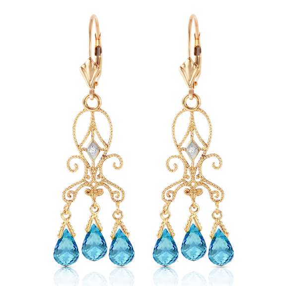Solid Yellow Gold Chandelier Diamond Earrings Blue Topaz