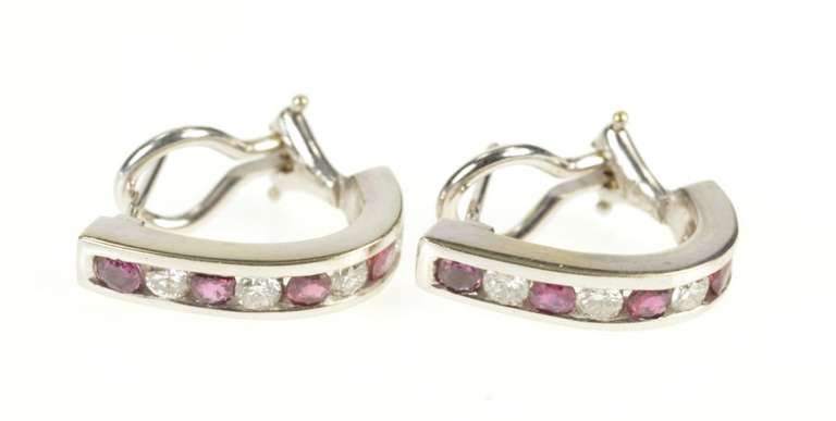 14K White Gold 0.96 Ctw Ruby Diamond Channel Semi Hoop Earrings