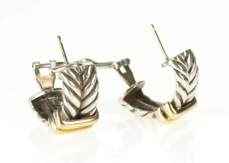 Sterling Silver Two Tone Braid Bar French Clip Back Curved Earrings
