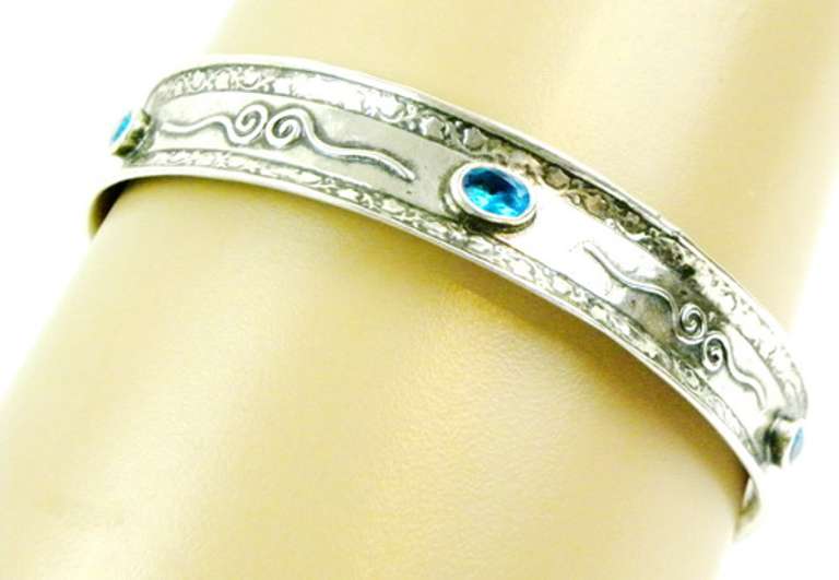 Signed Sterling Bangle with Blue Stones