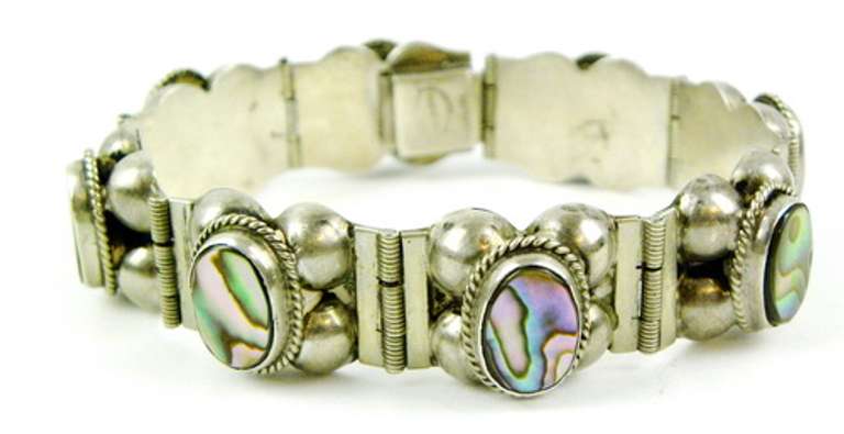 Vintage Mexican Sterling Abalone Hinged Bracelet