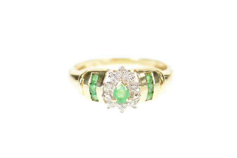 10K Yellow Gold Pear Emerald Diamond Halo Accent Classic Ring