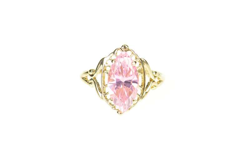 10K Yellow Gold Marquise Pink Cubic Zirconia Ornate Filigree Ring