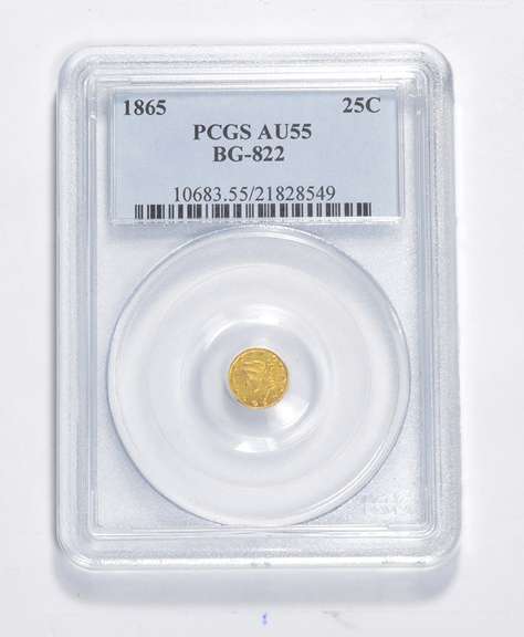 AU55 1865 Liberty Head 1/4 Dollar Gold Coin - BG-822 - Graded PCGS