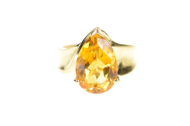 14K Yellow Gold Pear Cut Citrine Solitaire Statement Ring