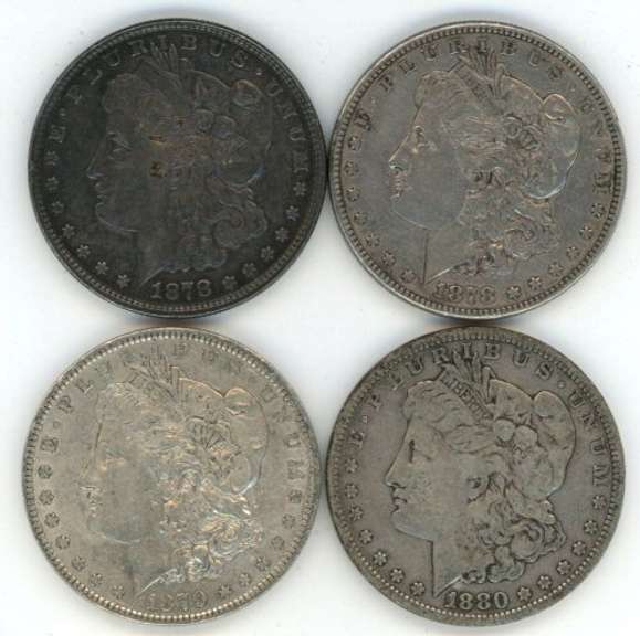 4 Early Different Morgan Silver Dollars 1878 to 1880