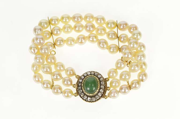 14K Yellow Gold Victorian Jade Diamond Halo Pearl Layered Bracelet