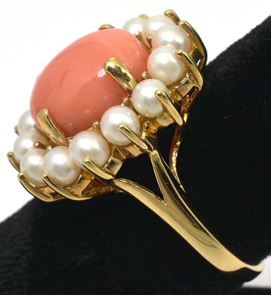Charming Pearl & Coral Ring in 14KT Yellow Gold