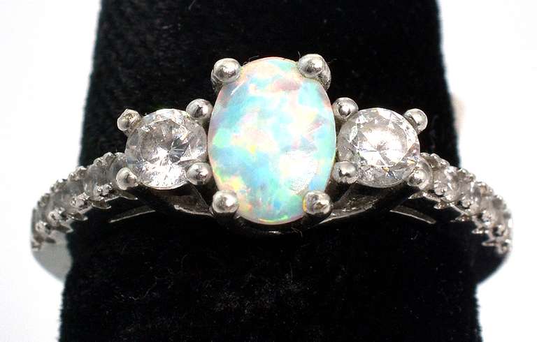 Delightful Opal & CZ Ring in Sterling Silver