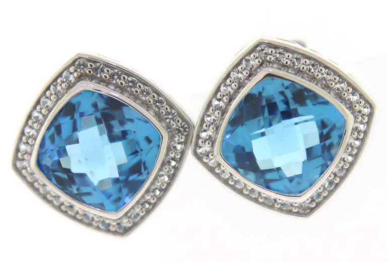 Trendy White Gold Stauer Blue Topaz with White Topaz Halo Earrings
