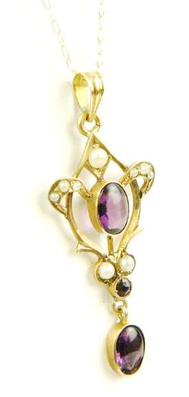 Antique 10K Amethyst & Seed Pearls Lavaliere