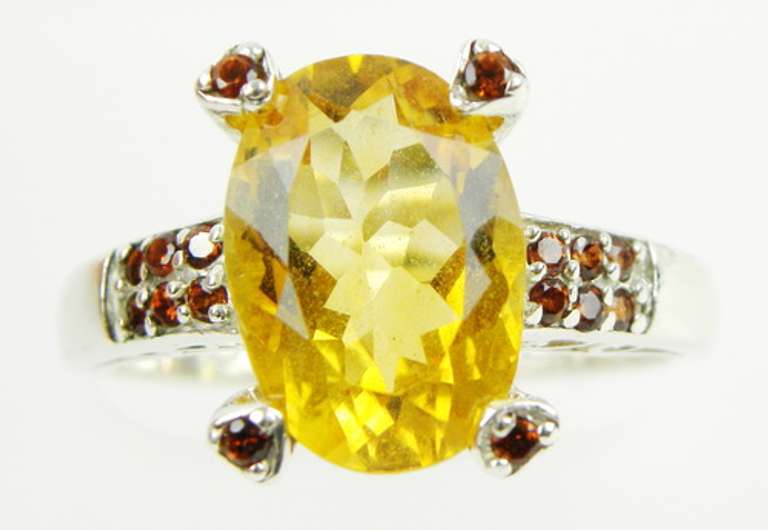 Large Oval Citrine & Garnets Sterling Ring, Size 11