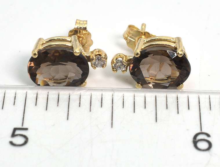 Bold Smokey Quartz & CZ Earrings in 14KT Yellow Gold