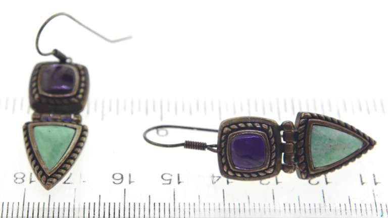 Vintage 925 sterling silver signed jade and amethyst earrings with fish hook