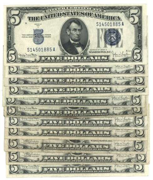 11 Series of 1934 $5 Blue Seal Silver Certificates