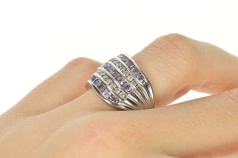 10K White Gold Tiered Wavy Row Tanzanite Diamond Statement Ring