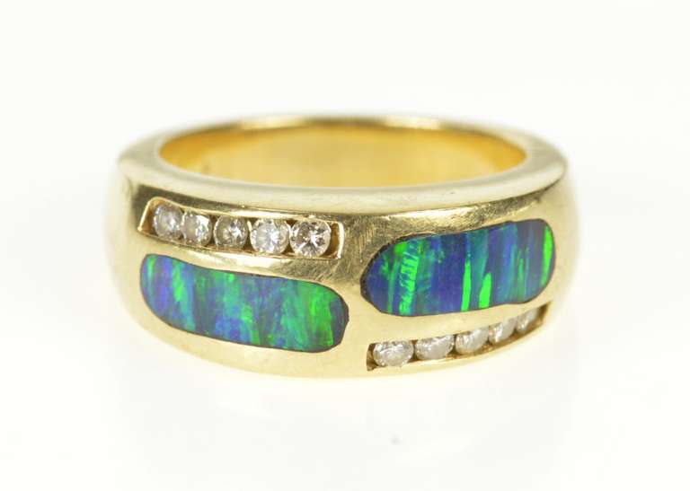 14K Yellow Gold Black Opal Inlay Diamond Inset Band Ring