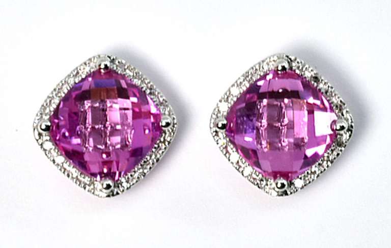 Vibrant Pink Sapphire & Diamond Earrings in 14K WG