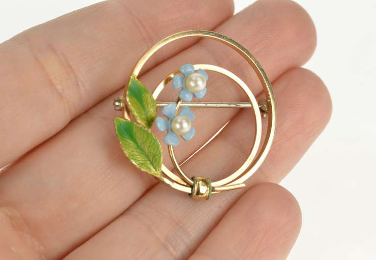 10K Yellow Gold Retro Pearl Flower Blue & Green Enamel Pin/Brooch