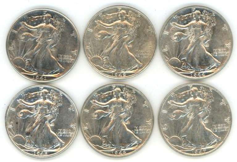 6 Diff. Nice AU Walking Liberty Half Dollars 1941-1947