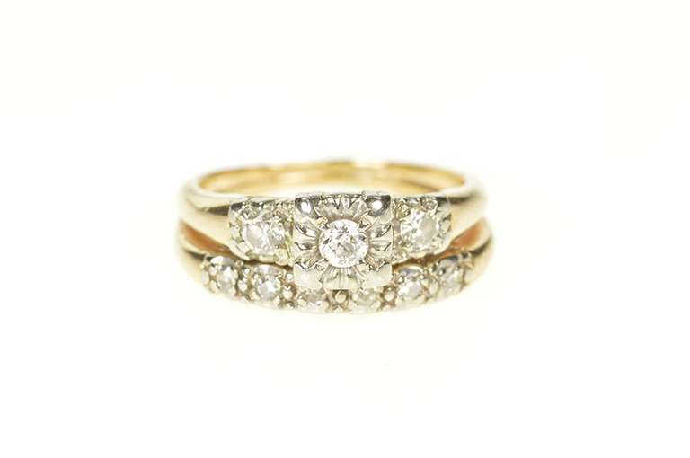 14K Yellow Gold 0.50 Ctw Diamond Bridal Set Retro Engagement Ring