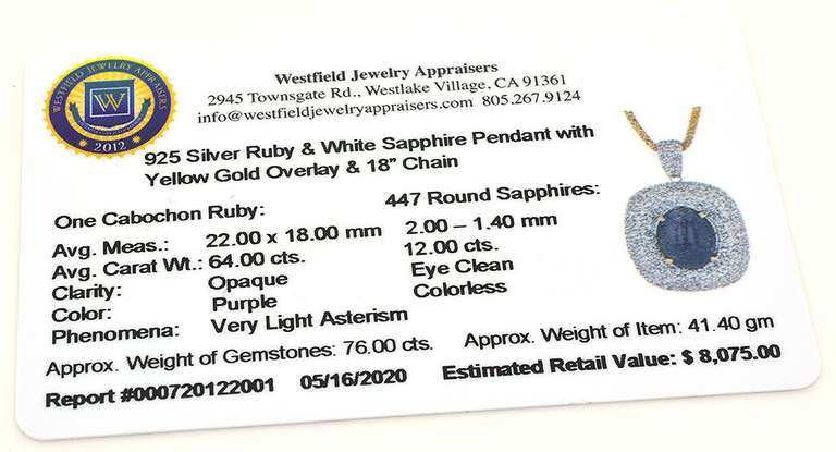 Ravishing Colossal 64.0CT Star Ruby & 12.0CTW White Sapphire Necklace, Vermeil