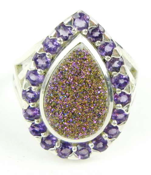 Sterling Druzy & Amethyst Ring, Size 11