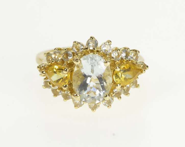 14K Yellow Gold Ornate Tri Colored Cubic Zirconia Oval Cocktail Ring