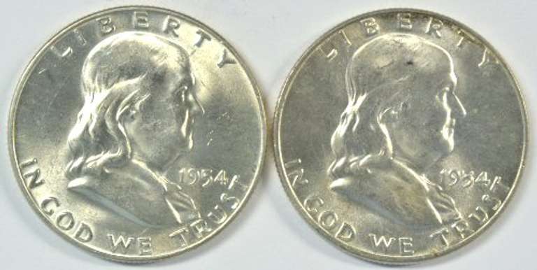 2 Gem BU 1954-D Franklin Half Dollars. FBL