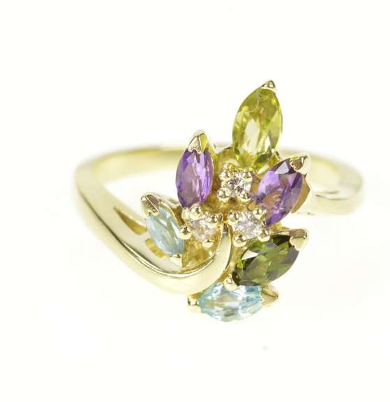 14K Yellow Gold Blue Topaz Amethyst Diamond Leaf Cluster Ring