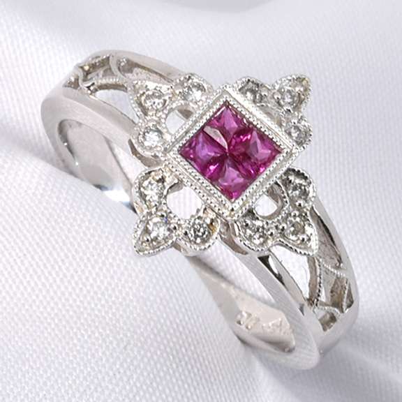 Art Deco Ruby & Diamond Ring in 18K White Gold