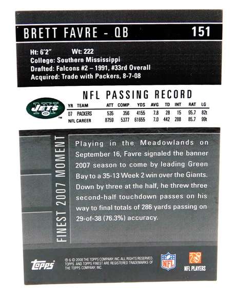 Brett Favre, Jets 2008 Topps Finest Football Card