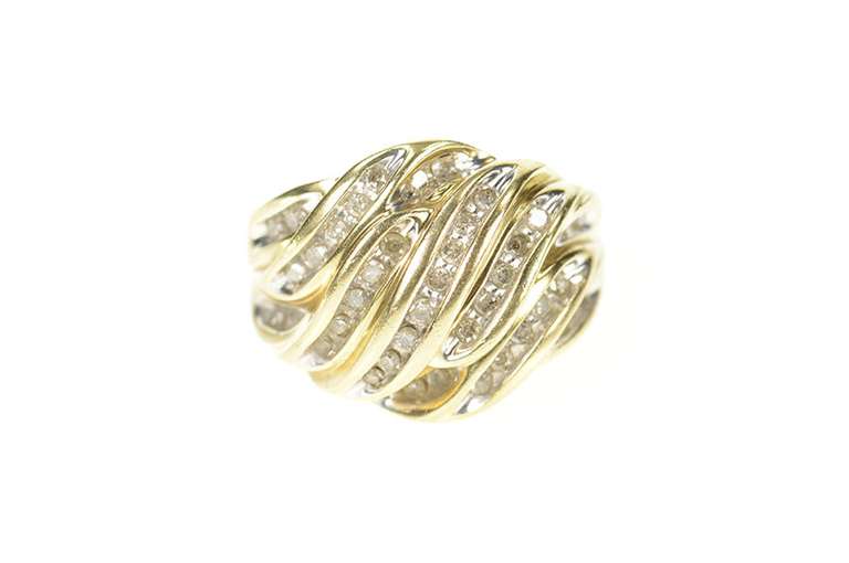 10K Yellow Gold Wavy Channel Diamond Encrusted Statement Ring