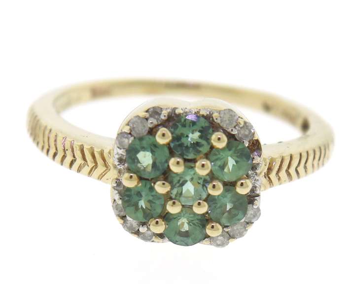 Green Topaz Cluster & Diamond Accent Ring